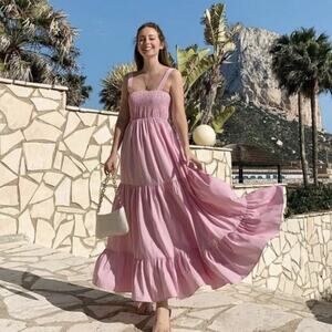 Zara Woman’s Strappy Poplin Midi Dress Ruffled Hem Pink Women’s Size Small